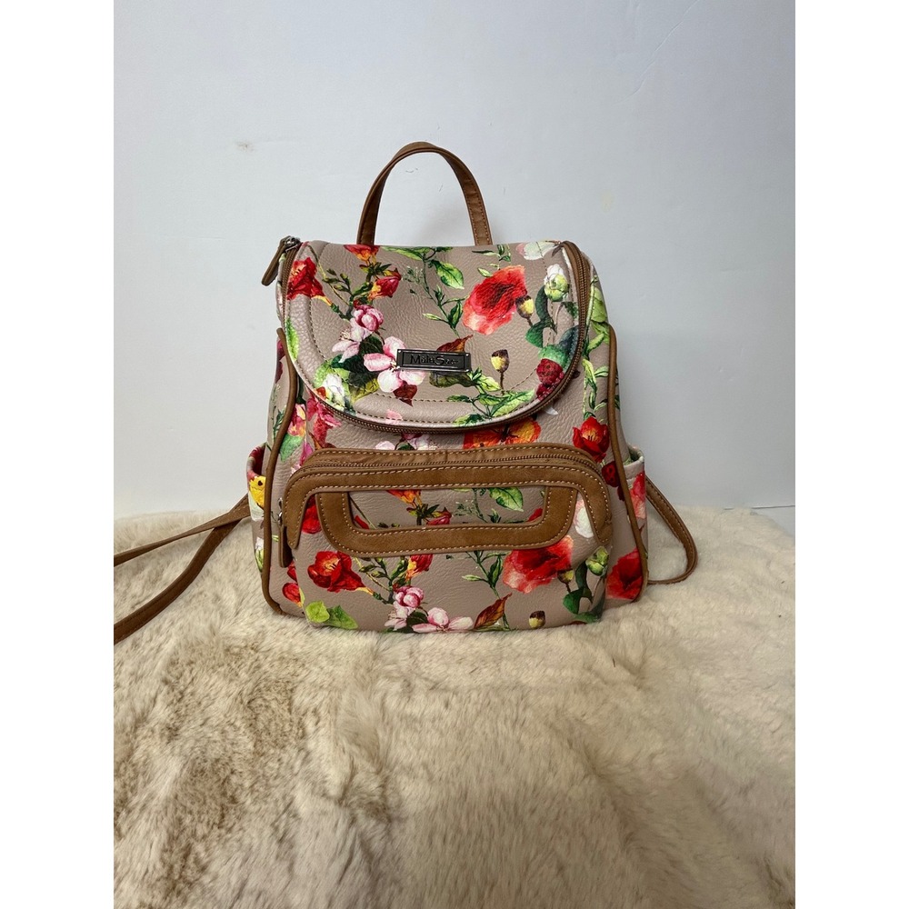 MultiSac Floral Print Vegan Leather Backpack Taupe Botanical Multi-Pocket Bag